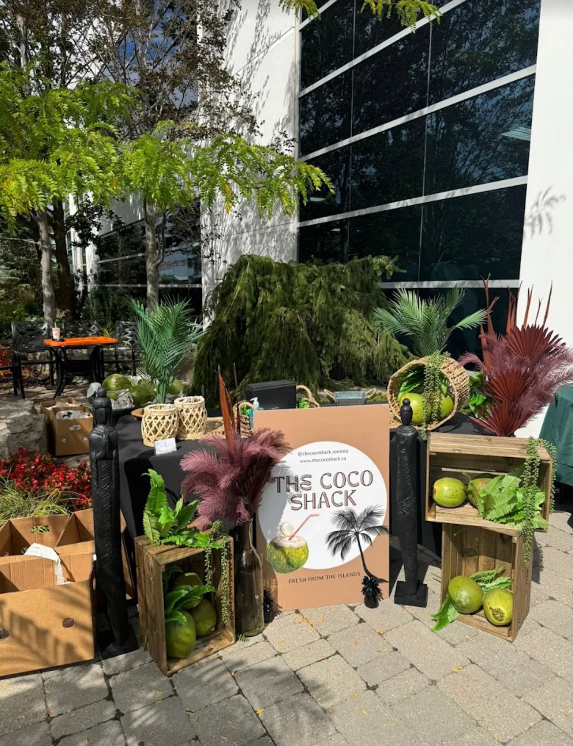 The full Coco Shack station: signature board, dried palms, rattan lanterns and coconut crates